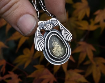 Sterling silver owl pendant necklace with a lemon quartz stone with a tree beneath, nature inspired jewelry, owl totem, kokopeli studio