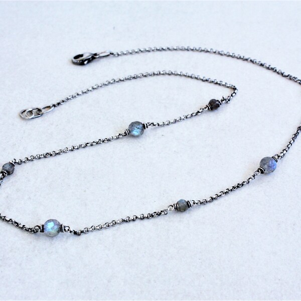 Sterling silver dainty gemstone necklace, labradorite necklace, oxidized sterling silver, labradorite jewelry, layered necklace