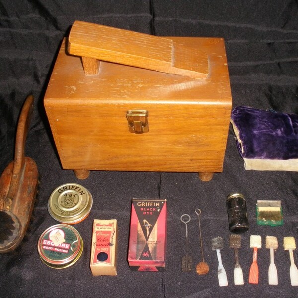 Vintage Dovetail Shoe Shine Box Lot, 1 Large Brush, 2 Small Brushes, Polish & Accessories