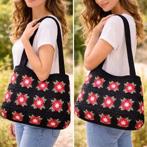 Crochet Granny Square Extra Large Tote Bag | Handmade Cotton Laptop Bag | Boho Shoulder Bag with Lining