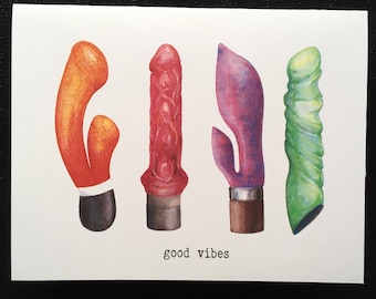Good Vibes  handmade card with vibrator toy illustration