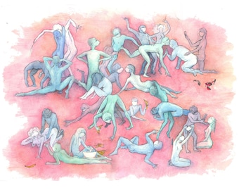 Orgy with Masks original comic watercolor illustration artwork by Rosie Ferne Illustration, 8.5 by 11” art print.