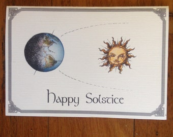 Happy Solstice pagan wicca Litha summer card, earth and sun with celtic knot border