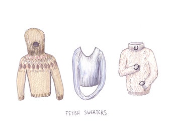 Fetish Sweaters Art Print, original comic by Rosie Ferne 8.5 by 11 unframed, humor kinky sweater cartoon illustration kink funny rosieferne