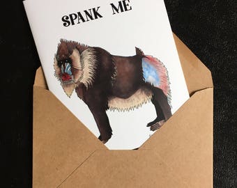 Spank Me/ Nice Butt funny card with baboon illustration, two text options