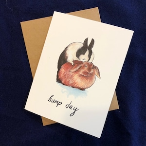 Hump Day card with bunnies humping Wednesday funny rabbit illustration by Rosie Ferne gift rabbit lover bunny love bunny lover bunny gift