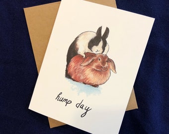 Hump Day card with bunnies humping Wednesday funny rabbit illustration by Rosie Ferne gift rabbit lover bunny love bunny lover bunny gift