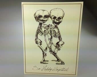 Conjoined Skeletons Card, "So Happy Together", love or friendship card, vintage medical illustration style