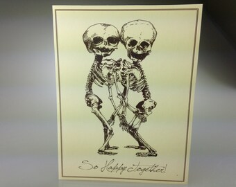 Conjoined Skeletons Card, "So Happy Together", love or friendship card, vintage medical illustration style