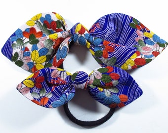17cm & 12cm Silk Kimono Knot Bow Ponytail Holders (set of 2) - made with vintage silk Japanese kimono fabric
