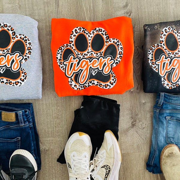 Tigers Mascot Shirts, Leopard Tiger designs, school spirit wear, leopard designs, bleached, teacher gift, mom gift, Christmas gift, hoodies