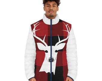 Chaqueta acolchada de invierno para hombre con estampado de ciervos a cuadros rojos