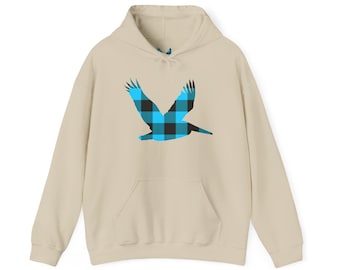Sudadera con capucha y estampado de pelícano azul a cuadros, ideal para la playa o para disfrutar de la naturaleza y la vida silvestre.