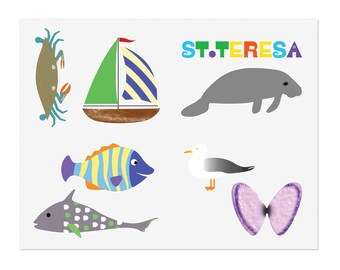 Feuille simple d'autocollants de plage de Sainte Thérèse - Sainte Thérèse, voilier, lamantin, mouette, poisson coloré et plus