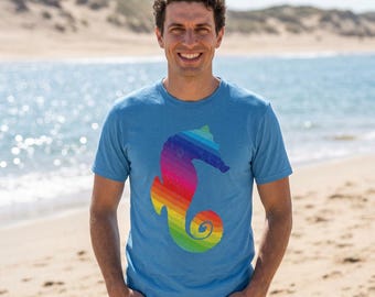T-shirt Gildan 64000, motif hippocampe arc-en-ciel et faune colorée