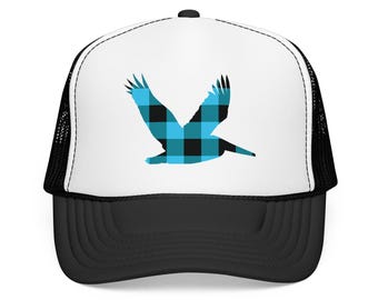 Gorra de camionero de pelícano a cuadros azules