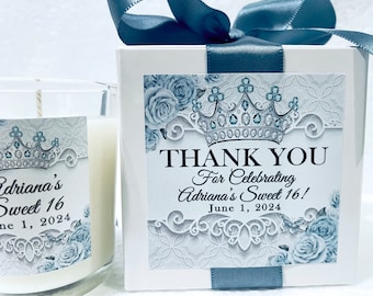 Gift Boxed TIARA Candle favors, Mis Quince, XV Anos, Quinceañera favors, Sweet 16, Birthday favors, Princess favors, Thank you, blue favor