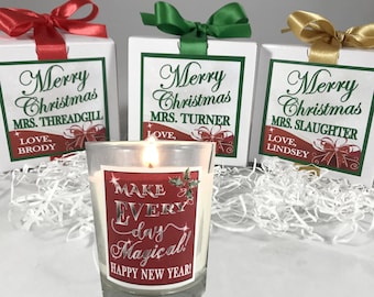 PERSONALIZED Christmas Candle Favor, Stocking Stuffer, Co-worker Christmas, Teacher, Holiday Candle, Team gift, Dinner party gift