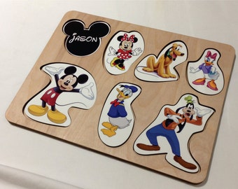 Wooden Childs Name Puzzle with Mickey Mouse Disney Characters and Engraved Back