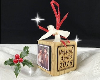 Personalized 1st Christmas Ornament, Couple's First Christmas Wooden Block Ornament, Wedding Ornament, Mr and Mrs Ornament, Wedding gift