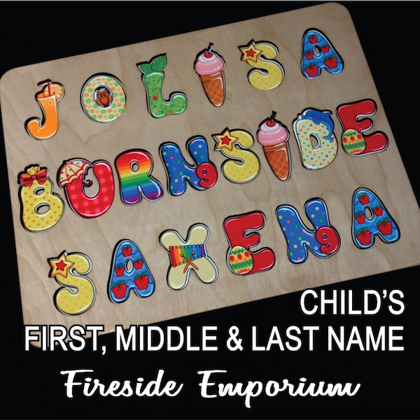 Wooden Child's Name Puzzle (FULL NAME) with Whimsical Alphabet and Engraved Back, Wooden Name Puzzle, Alphabet puzzle, Educational