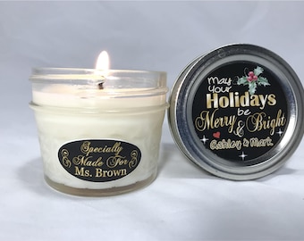 PERSONALIZED Christmas Candle Favor, Stocking Stuffer, Co-worker Christmas, Teacher, Holiday Candle, Jelly Jar Candle, Personalized gift