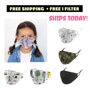 NEW DESIGN ari mes Kids Reusable and Adjustable Face Mask – Comfortable Elastic Ear Loops Nose Strip Includes PM 2.5 Carbon Filter Washable