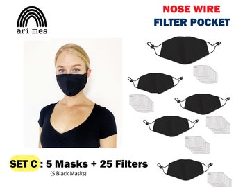 5PCS Adult Cloth Face Mask Reusable Washable with 2.5 PM Mask Filter Fabric Face Mask with Adjustable Ear Strap 25 Filters included