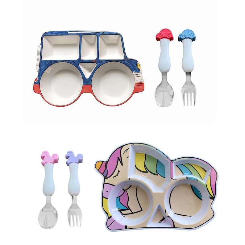 ARI MES Car Unicorn Shaped Plate and Spoon & Fork Set Divided Plate BPA Free Eco-Friendly Dinnerware Toddler Kids Meal Plate Boys Girls