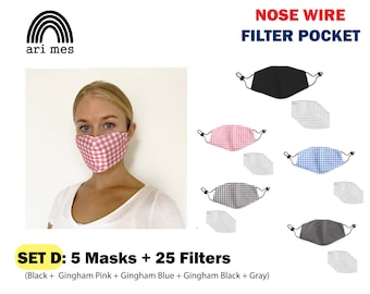 5PCS Adult Cloth Face Mask Reusable Washable with 2.5 PM Mask Filter Fabric Face Mask with Adjustable Ear Strap 25 Filters included