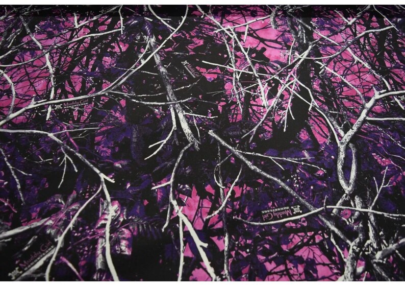 May include: Pink and purple camouflage fabric with a white branch pattern.