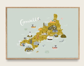 Cornwall Map Print | Illustrated Map of Cornwall | Cornwall Poster Gift | Newquay | Looe | St Ives | Polperro