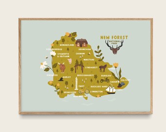 New Forest Map Print | Illustrated Map of New Forest, Hampshire | New Forest Poster Gift | Brockenhurst | Lyndhurst | Beaulieu | Burley