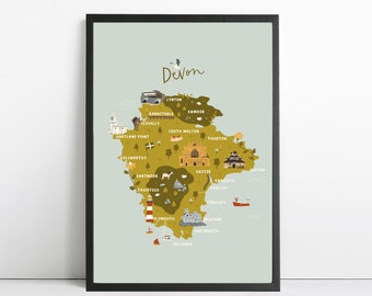 Devon Map Print | Illustrated Map of Devon | Dartmoor, Exmoor, Salcombe, Clovelly Map Print