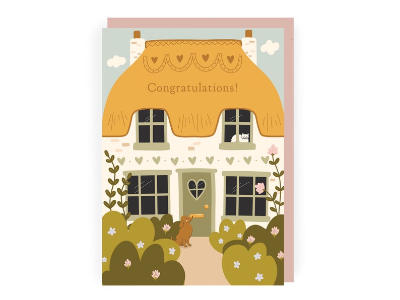 Thatched Cottage New Home Card Pretty Congratulations Card Cute First Home Card New Home Card Dog Lover A6 New Home Card Cat Lover image 1