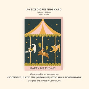 Carte d'anniversaire de chat, chien et lapin de carrousel | Jolie carte d'anniversaire pour enfants | Carte d'anniversaire magique pour enfants | Carte d'anniversaire pour amoureux des animaux de compagnie image 2