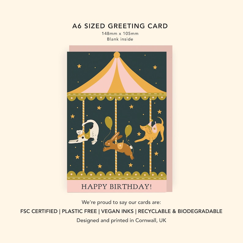 Carte d'anniversaire de chat, chien et lapin de carrousel | Jolie carte d'anniversaire pour enfants | Carte d'anniversaire magique pour enfants | Carte d'anniversaire pour amoureux des animaux de compagnie image 2