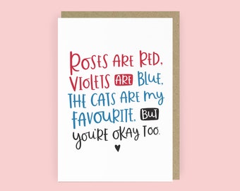 The Cats are my Favourite Roses are Red Funny Valentine's Day Card | Cat Anniversary Card for Husband | Cat A6 Love Card for Wife