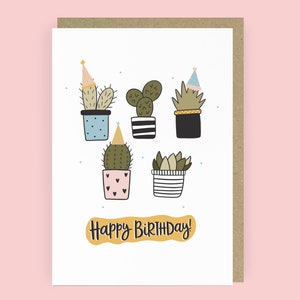 Birthday plants in party hats birthday card for plant lovers.