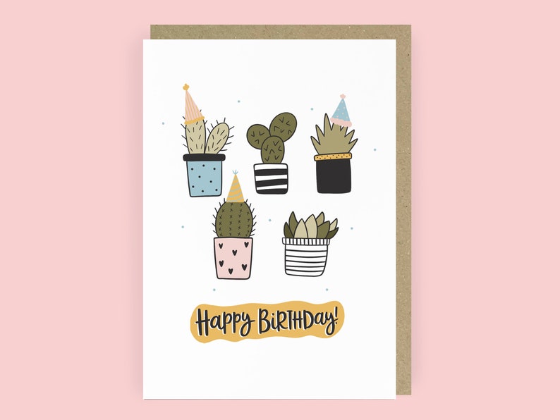 Birthday plants in party hats birthday card for plant lovers.