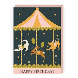 Carte d'anniversaire de chat, chien et lapin de carrousel | Jolie carte d'anniversaire pour enfants | Carte d'anniversaire magique pour enfants | Carte d'anniversaire pour amoureux des animaux de compagnie image 1