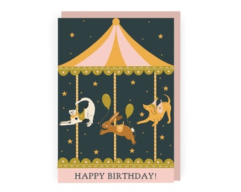 Carte d'anniversaire de chat, chien et lapin de carrousel | Jolie carte d'anniversaire pour enfants | Carte d'anniversaire magique pour enfants | Carte d'anniversaire pour amoureux des animaux de compagnie