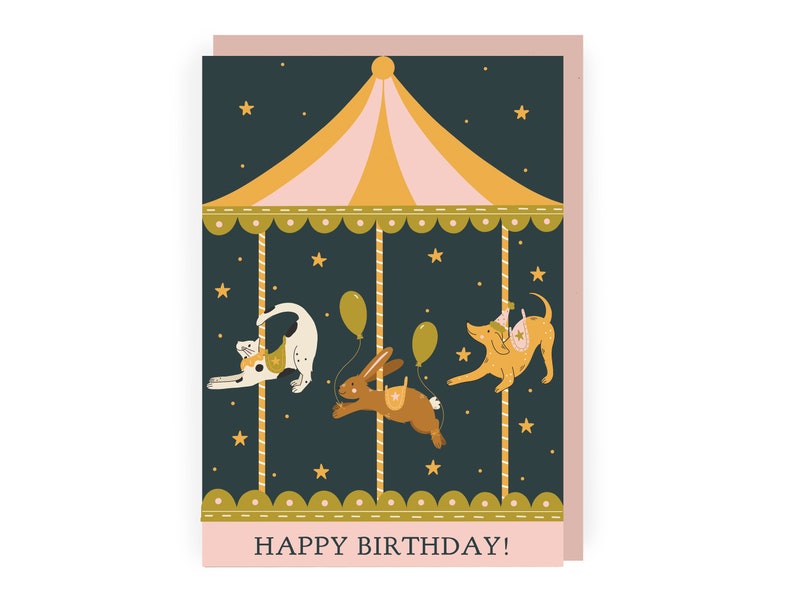 Carte d'anniversaire de chat, chien et lapin de carrousel | Jolie carte d'anniversaire pour enfants | Carte d'anniversaire magique pour enfants | Carte d'anniversaire pour amoureux des animaux de compagnie image 1