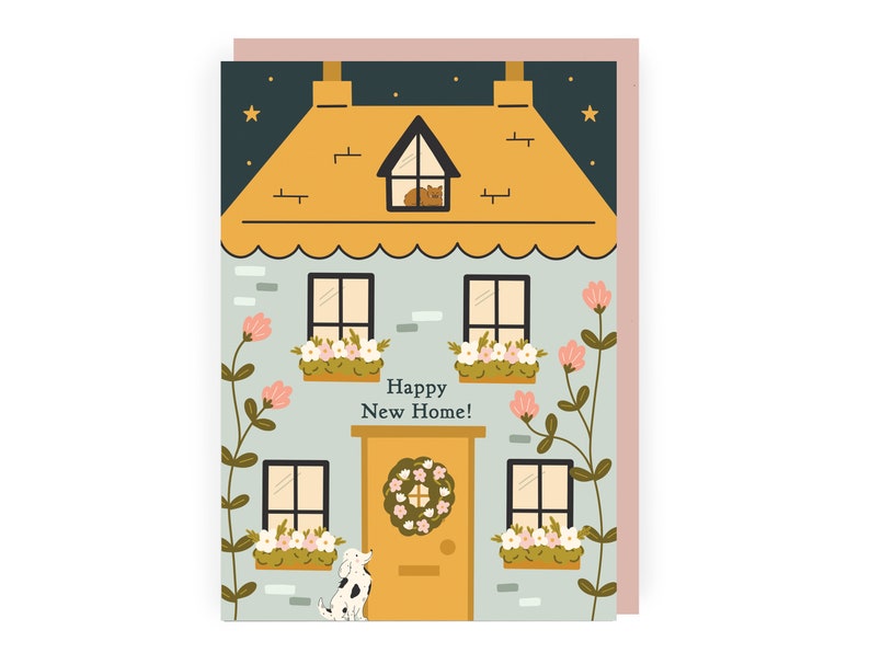 Beautiful New Home Card Pretty Congratulations Card Cute First Home Card New Home Card for Dog Lover A6 New Home Card for Cat Lover image 1