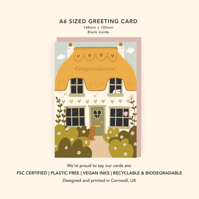 Thatched Cottage New Home Card Pretty Congratulations Card Cute First Home Card New Home Card Dog Lover A6 New Home Card Cat Lover image 2