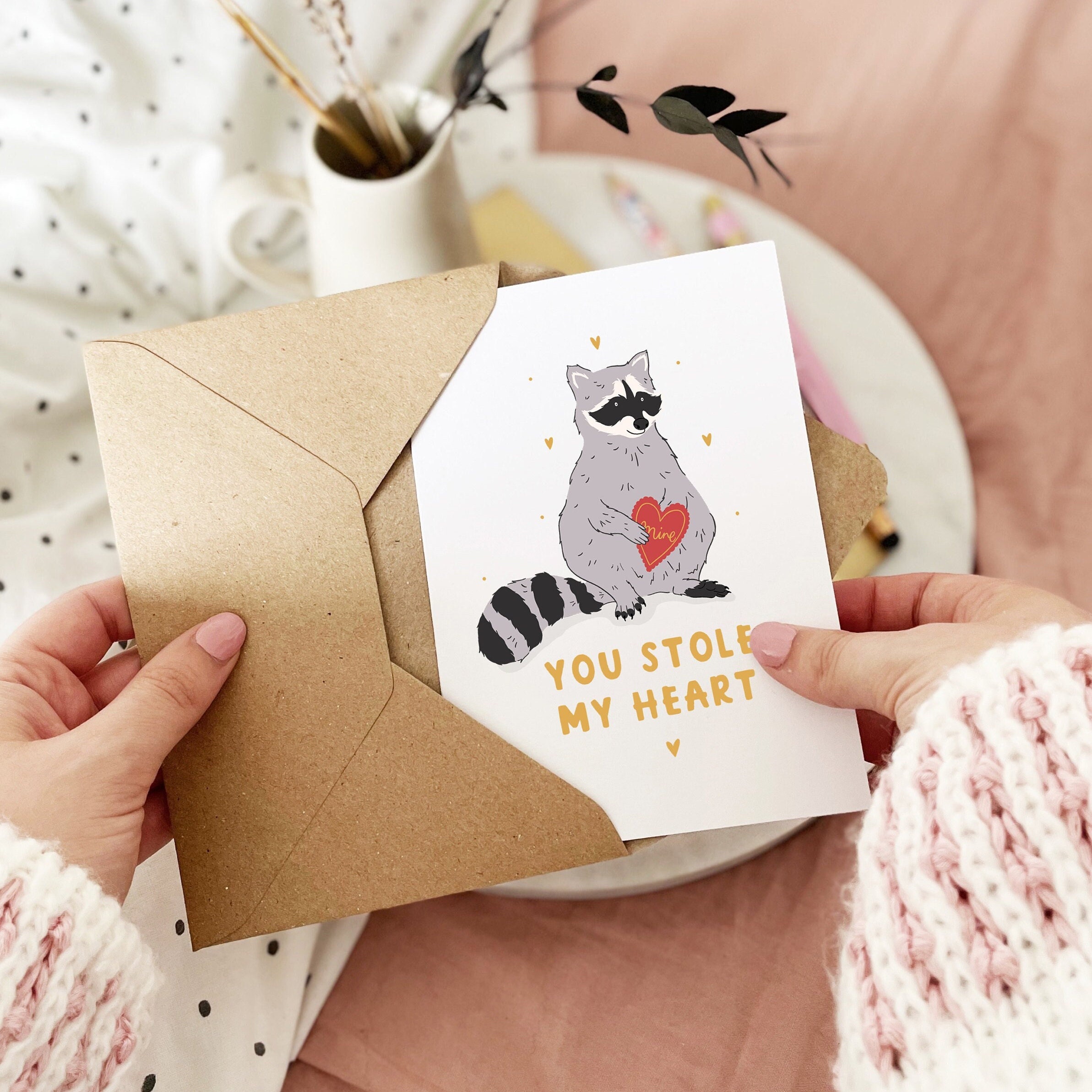 You Stole My Heart Valentine's Day Card |  Raccoon Anniversary Card for Him | Cute A6 Love Card for Her | Card for Husband | Card for Wife