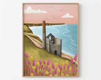 Wheal Coates Cornwall Illustrated Art Print | Cornish Art Poster | Cornwall Lover Gift | St Agnes Seascape Print | Engine House Illustration