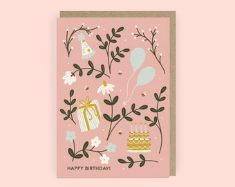 Pretty Pink Birthday Card | Balloons Birthday Card for Daughter | Cute Birthday Cake Card for Friend | Floral A6 Birthday Card with Bees