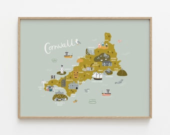 Cornwall kaart afdrukken | Geïllustreerde kaart van Cornwall | Cornwall-postercadeau | Nieuwkade | Loo | Sint-Ives | Polperro