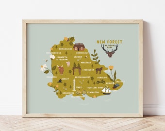 Nieuwe boskaart afdrukken | Geïllustreerde kaart van New Forest, Hampshire | Nieuw bos poster cadeau | Brockenhurst | Lyndhurst | Beaulieu | Burley